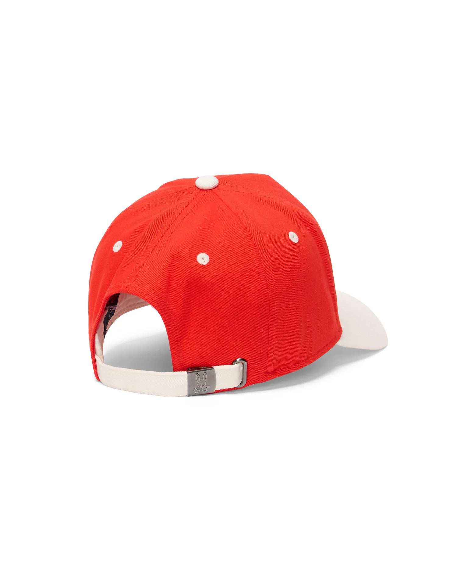 Kids Sable A-Frame Trucker Cap in vibrant red with a white brim, top button, and eyelets. Features a cream adjustable back strap with a small metal Psycho Bunny skull logo buckle.