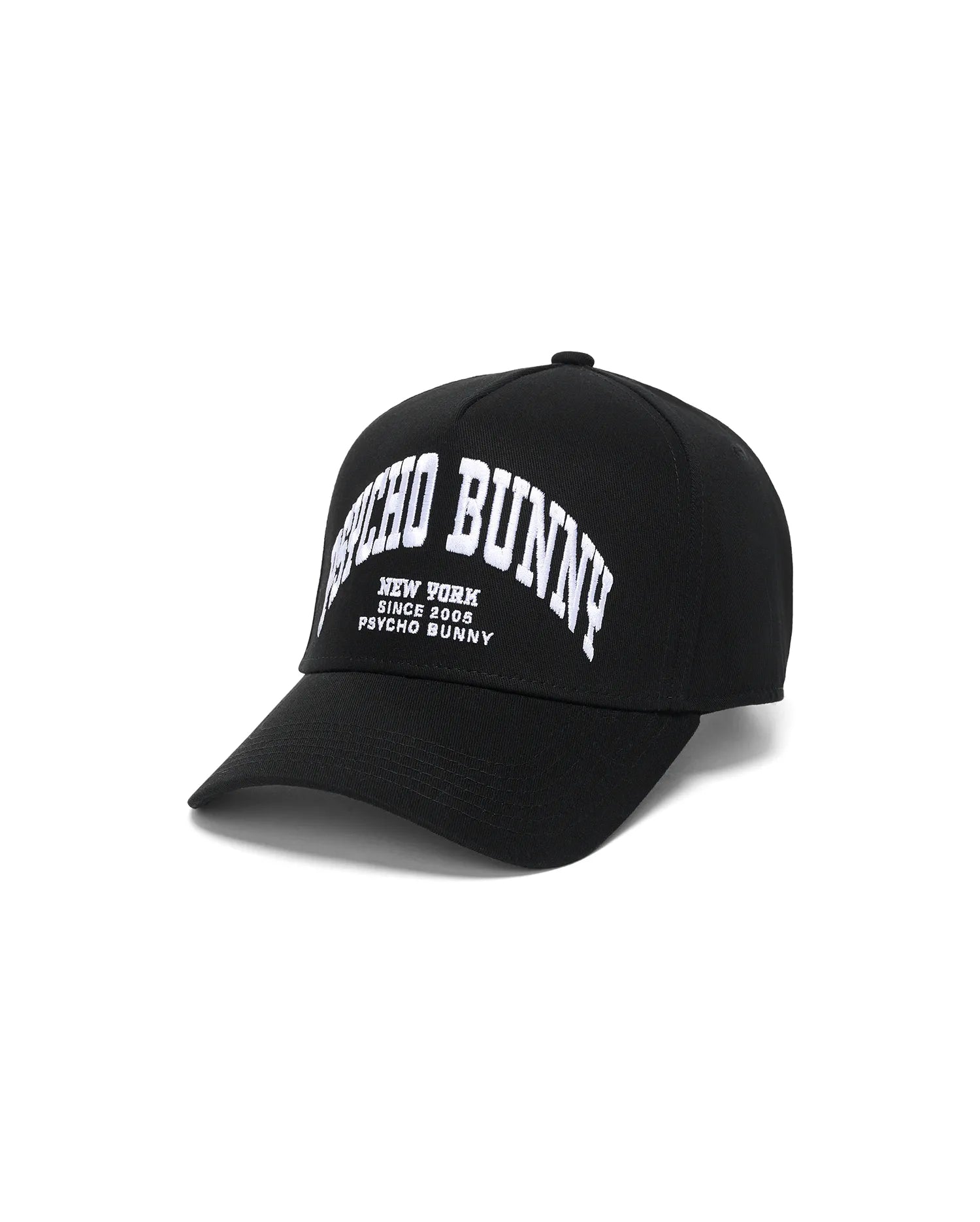 Black Kids Nathaniel A-Frame Trucker Cap with bold white arched embroidered Psycho Bunny New York Since 2005 text prominently on the front, showcasing premium streetwear style.