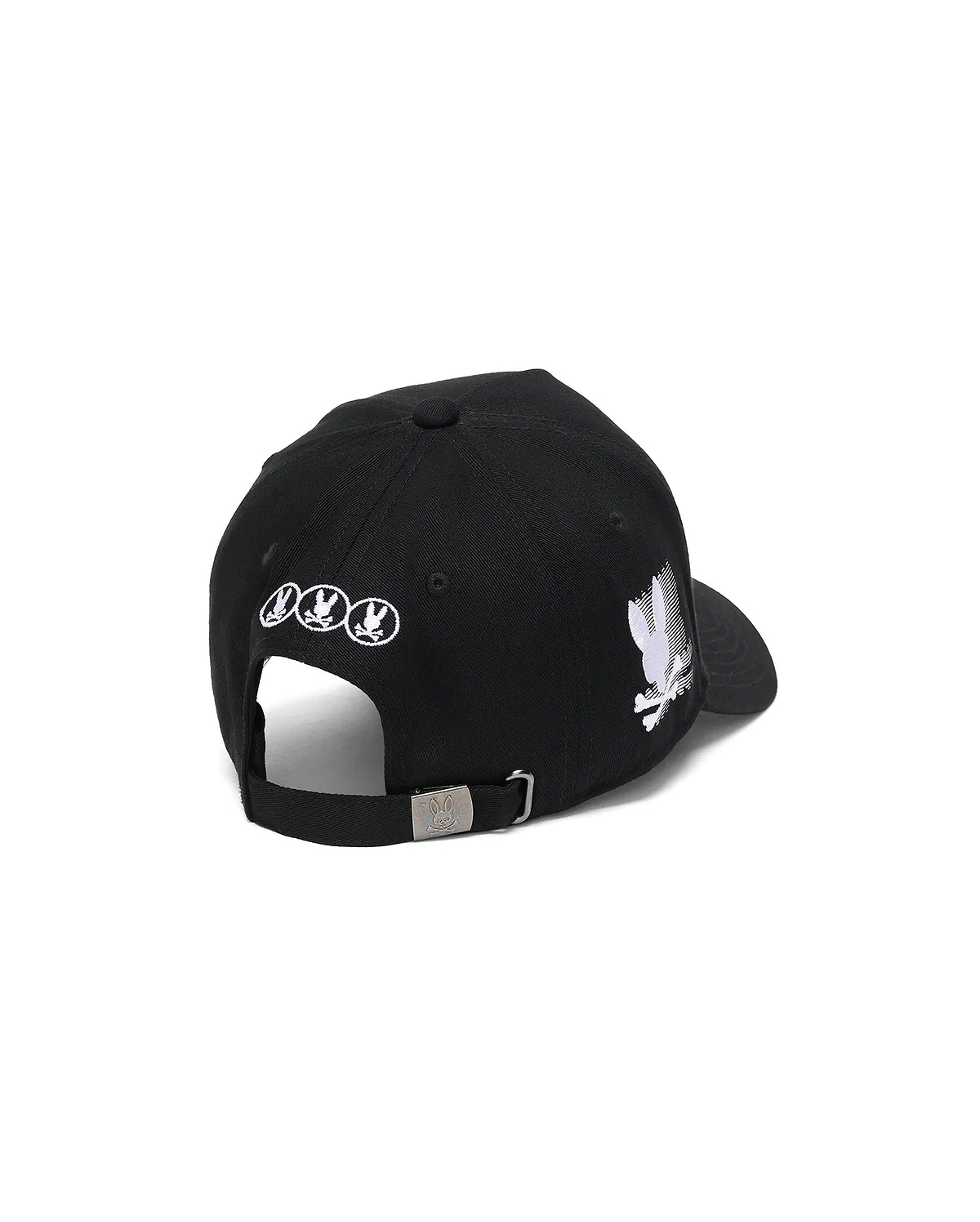 Black Kids Nathaniel A-Frame Trucker Cap with a large white embroidered Psycho Bunny skull logo on the side, three smaller white logos on the back, and a silver buckle featuring an engraved bunny skull.