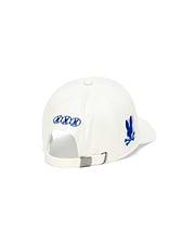 White Kids Nathaniel A-Frame Trucker Cap featuring a prominent blue embroidered Psycho Bunny skull logo on the right side, three smaller blue logos on the back, and an engraved logo on the metal buckle closure.