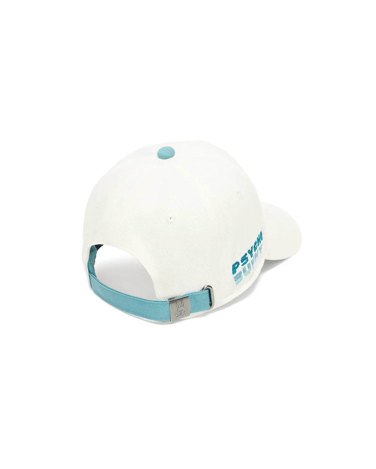 Kids' Slade Baseball Cap in off-white with a light blue top button, adjustable strap, and embroidered Psycho Bunny text on the back. A small metal bunny skull logo adorns the buckle. (2)