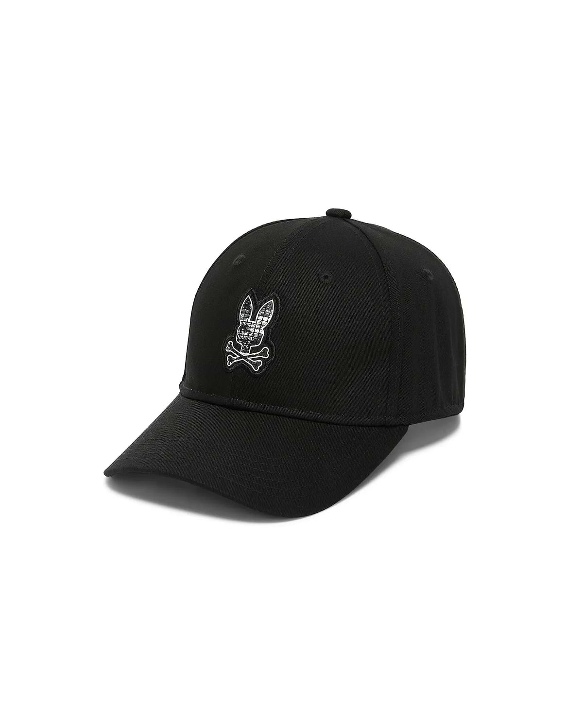 Kids' Alfie Baseball Cap, a black cotton twill baseball cap featuring a prominent embroidered Psycho Bunny skull logo with a white and grey plaid pattern fill and white crossbones on the front. (1)