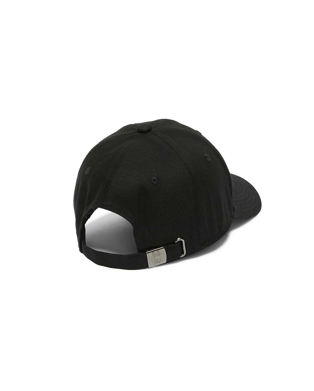 Kids' Alfie Baseball Cap in black cotton twill, featuring an adjustable strap with a silver-tone metal buckle engraved with the iconic Psycho Bunny skull logo at the back. (2)
