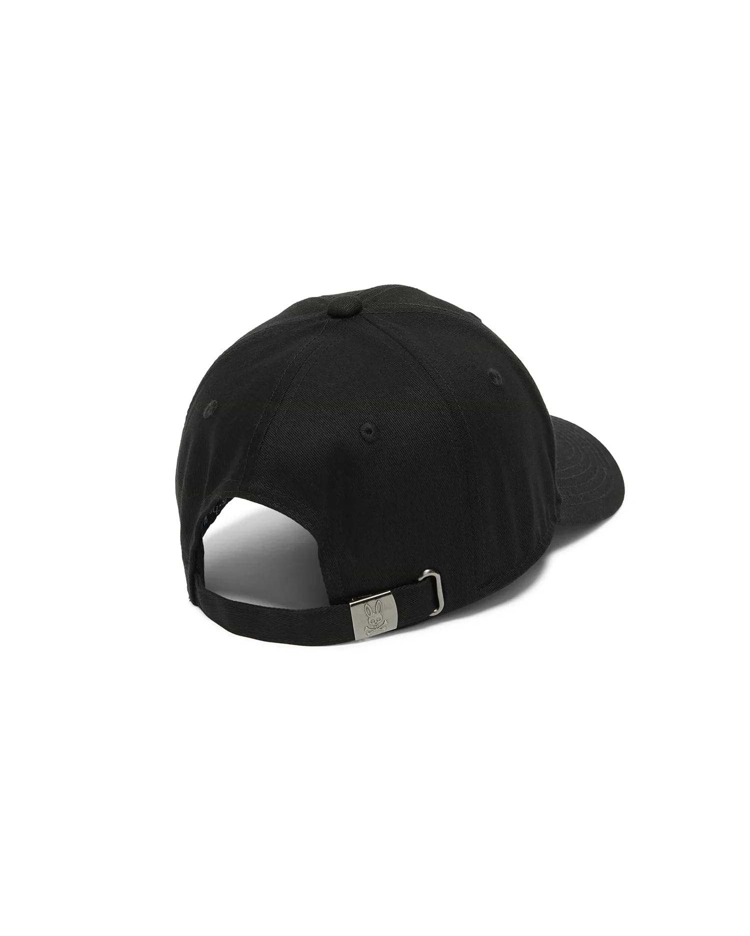 Kids' Alfie Baseball Cap in black cotton twill, featuring an adjustable strap with a silver-tone metal buckle engraved with the iconic Psycho Bunny skull logo at the back. (2)
