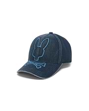 Kids' Grover Baseball Cap in washed dark blue denim, featuring a large light blue outline embroidered Psycho Bunny skull logo on the front and a perforated brim. (2)