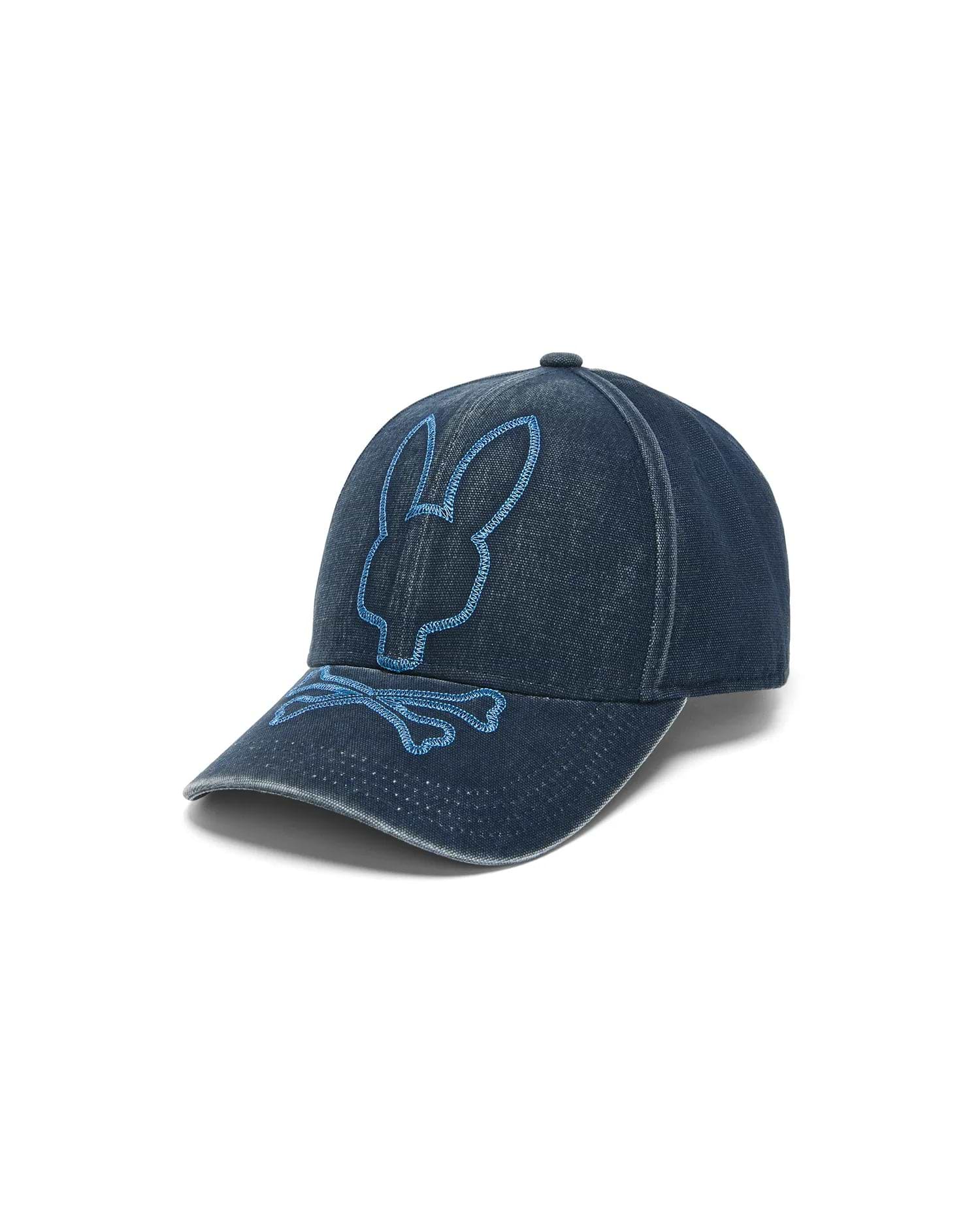 Kids' Grover Baseball Cap in washed dark blue denim, featuring a large light blue outline embroidered Psycho Bunny skull logo on the front and a perforated brim. (2)