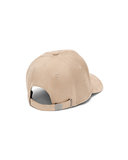 Kids Kenneth A-Frame Trucker Cap in beige, featuring a smooth, suede-like texture and an adjustable back strap with a small silver Psycho Bunny skull logo on the metal buckle.