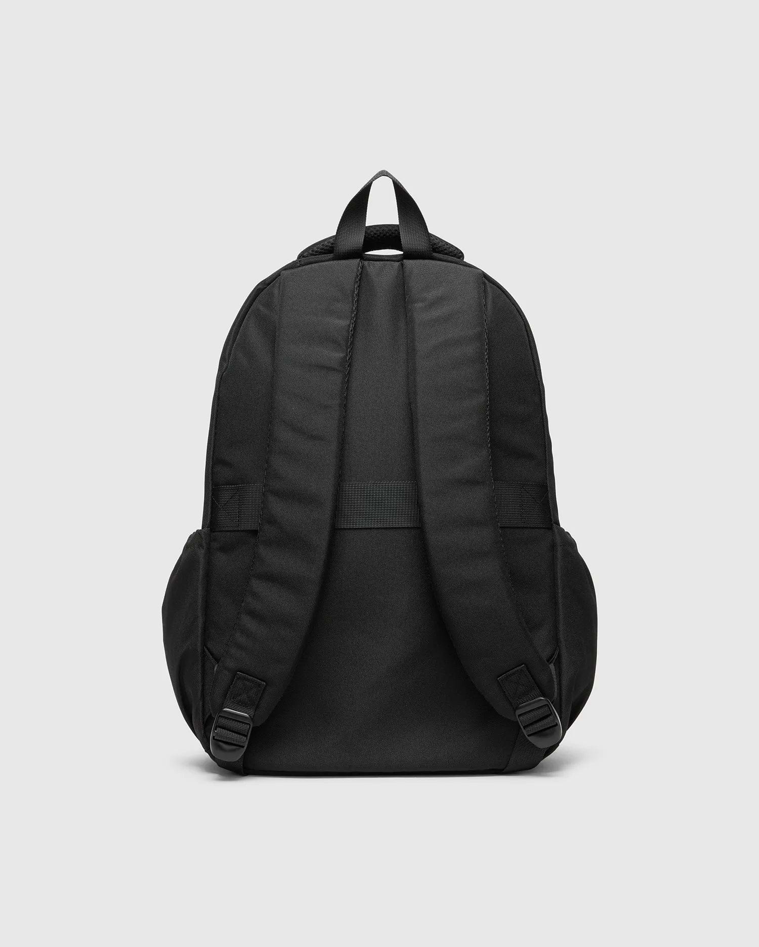 Psycho Bunny Kids Pal Backpack in black, featuring padded shoulder straps, a top carry handle, and adjustable bottom straps, crafted from durable fabric.