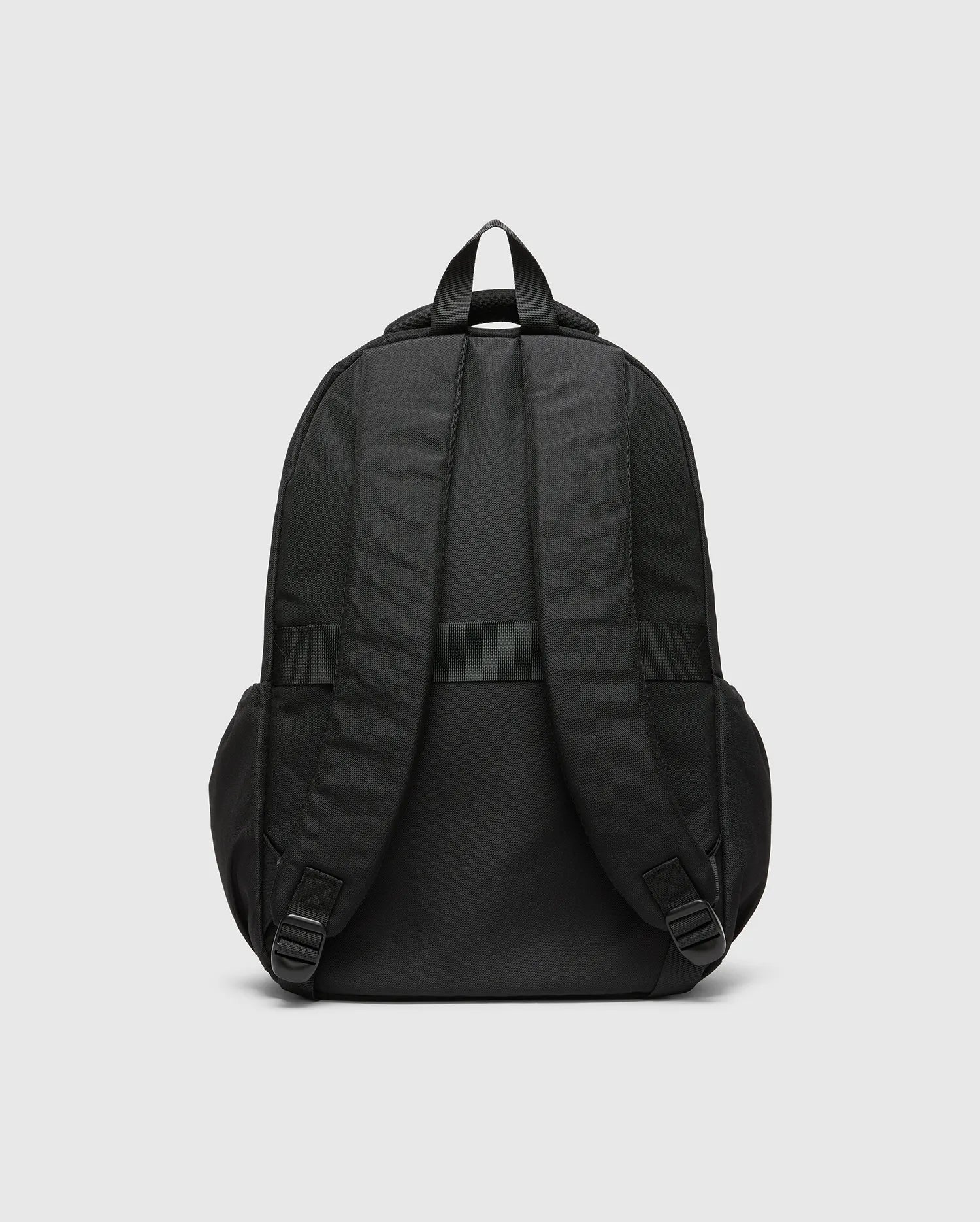 Psycho Bunny Kids Pal Backpack in black, featuring padded shoulder straps, a top carry handle, and adjustable bottom straps, crafted from durable fabric.