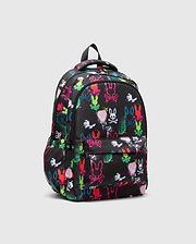 Kids Quintin Backpack, black durable fabric with a bold, all-over neon graffiti print featuring various Psycho Bunny skull and bunny outline logos, plus colorful paint splatters.