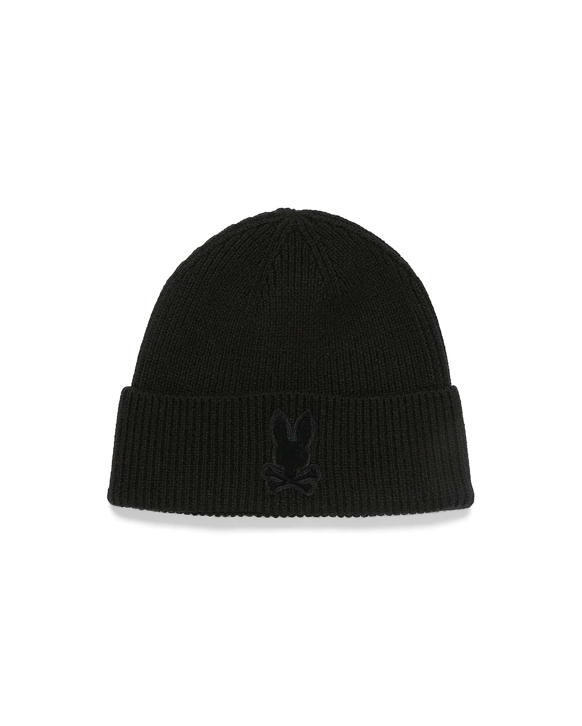 Black Kids' Leighton Merino Beanie, a classic cuffed ribbed knit design, showcasing a refined tonal embroidered Psycho Bunny skull logo centrally on the front. (2)