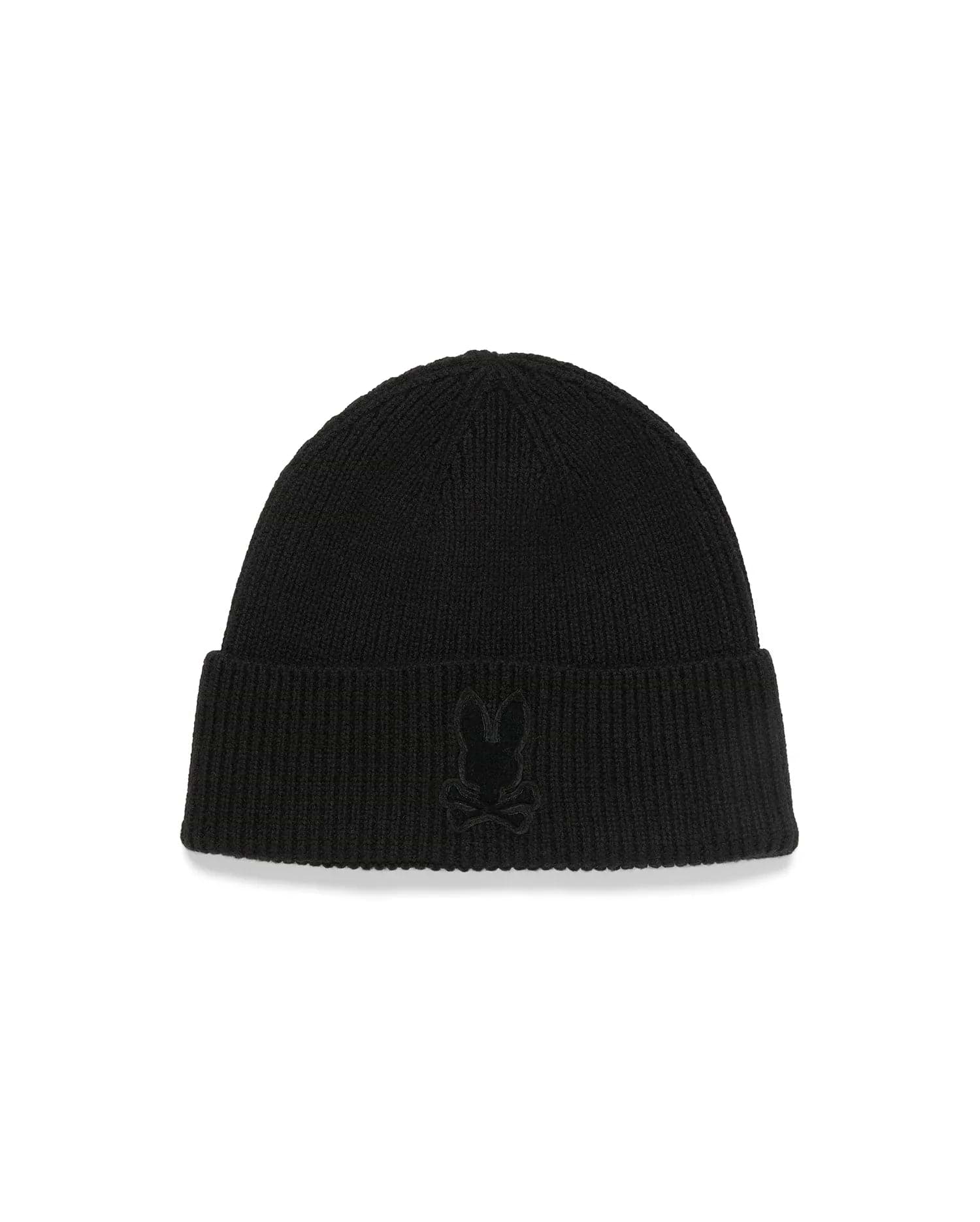 Black Kids' Leighton Merino Beanie, a classic cuffed ribbed knit design, showcasing a refined tonal embroidered Psycho Bunny skull logo centrally on the front. (2)