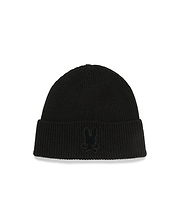 Black Kids' Leighton Merino Beanie, a classic cuffed ribbed knit design, showcasing a refined tonal embroidered Psycho Bunny skull logo centrally on the front. (2)