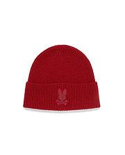 Vibrant red Kids' Leighton Merino Beanie, crafted from soft rib-knit merino wool, featuring a prominent tonal embroidered Psycho Bunny skull logo on the front cuff. (1)