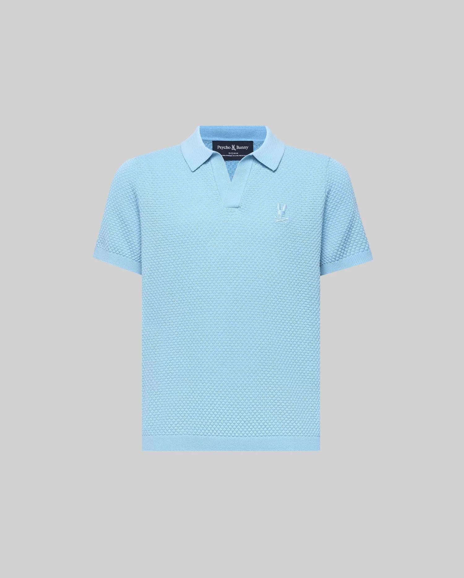 Kids Devon Bubble Stitch Knit Polo in light blue, featuring a textured bubble stitch knit fabric, an open placket, and a small, tonal embroidered Psycho Bunny skull logo on the left chest.
