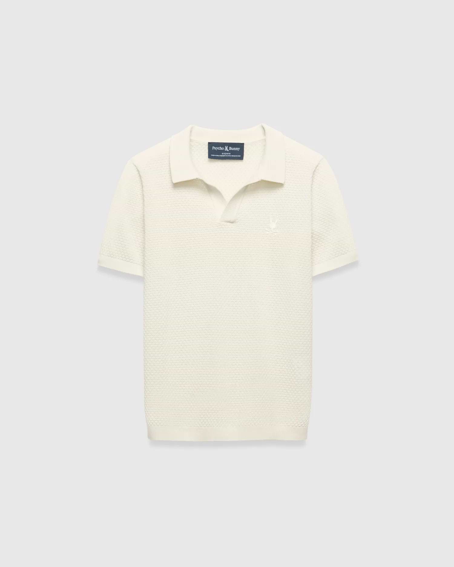 Kids Devon Knit Polo in cream, featuring a textured knit fabric, classic fit, and a small tonal embroidered Psycho Bunny skull logo on the left chest.
