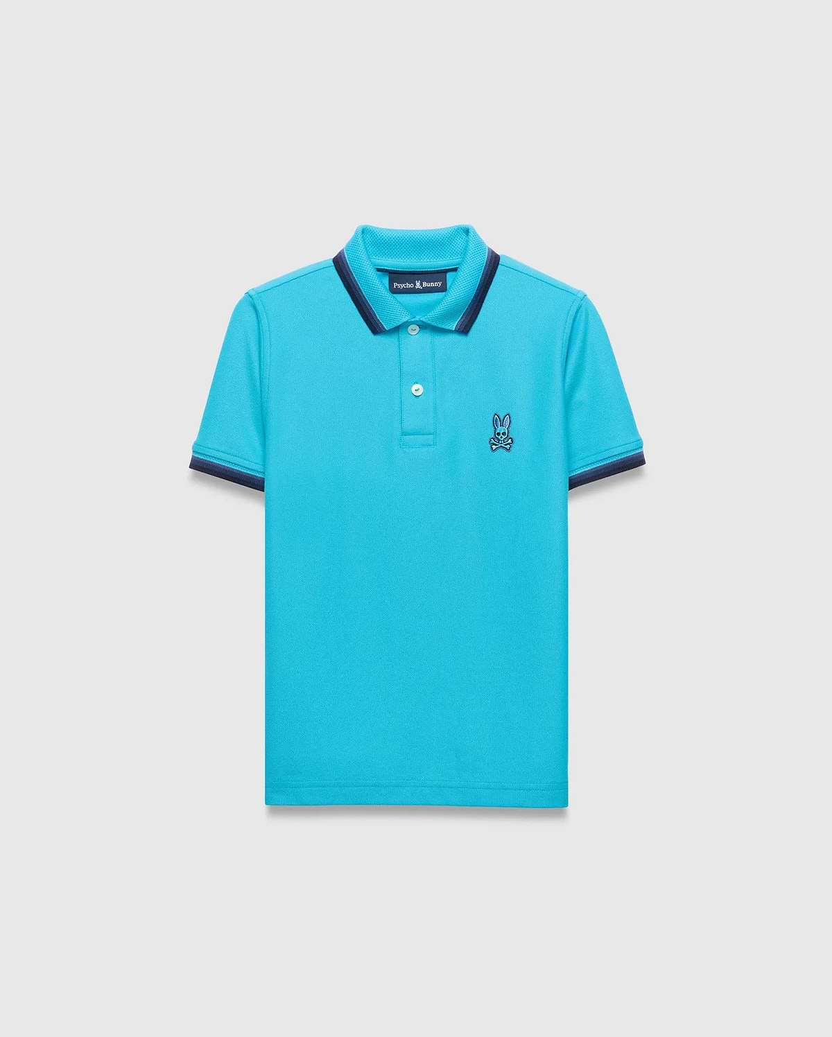 Kids Holden Pique Polo in vibrant aqua, featuring a classic fit, pique texture, navy blue ribbed collar with a white stripe, matching cuffs, and a small embroidered Psycho Bunny skull logo on the left chest.