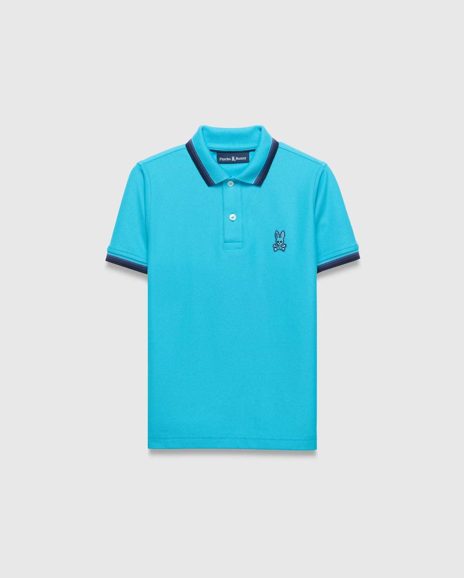 Kids Holden Pique Polo in vibrant aqua, featuring a classic fit, pique texture, navy blue ribbed collar with a white stripe, matching cuffs, and a small embroidered Psycho Bunny skull logo on the left chest.