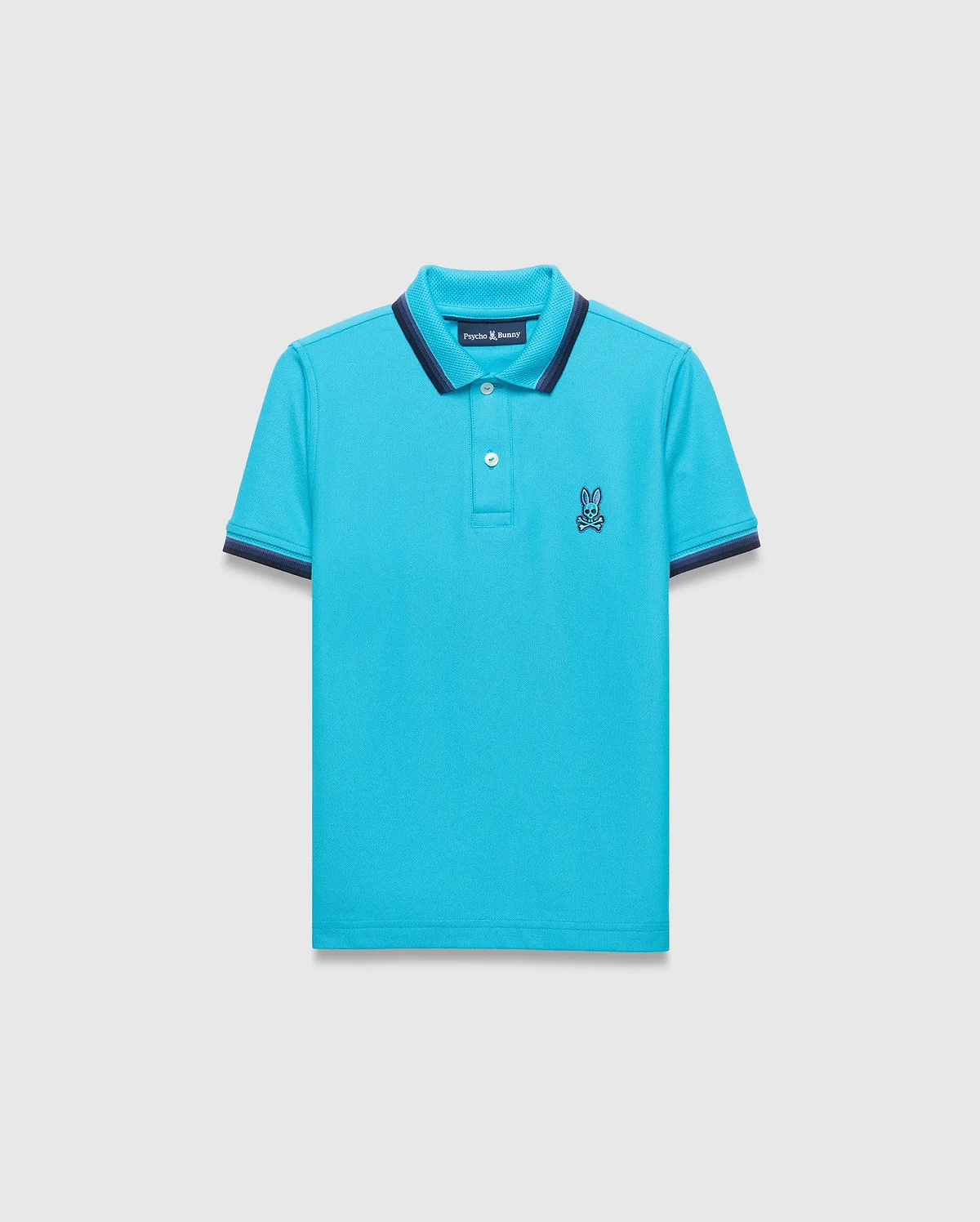 Kids Holden Pique Polo in vibrant aqua, featuring a classic fit, pique texture, navy blue ribbed collar with a white stripe, matching cuffs, and a small embroidered Psycho Bunny skull logo on the left chest.