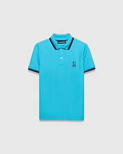 Kids Holden Pique Polo in vibrant aqua, featuring a classic fit, pique texture, navy blue ribbed collar with a white stripe, matching cuffs, and a small embroidered Psycho Bunny skull logo on the left chest.
