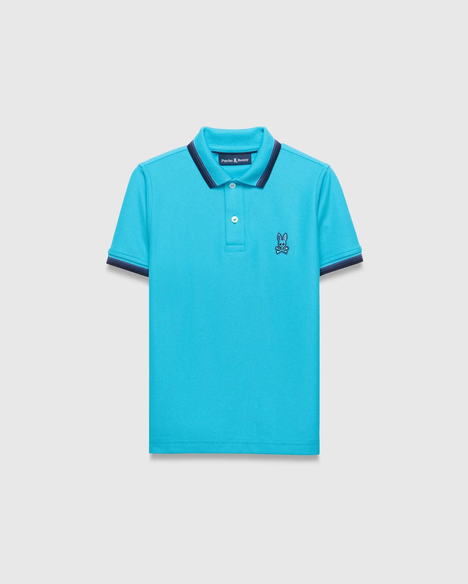 Kids Holden Pique Polo in vibrant aqua, featuring a classic fit, pique texture, navy blue ribbed collar with a white stripe, matching cuffs, and a small embroidered Psycho Bunny skull logo on the left chest.