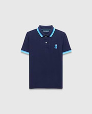 Kids Holden Pique Polo, navy classic fit pique knit with light blue and medium blue striped collar and cuffs, featuring an embroidered Psycho Bunny skull logo on the left chest.
