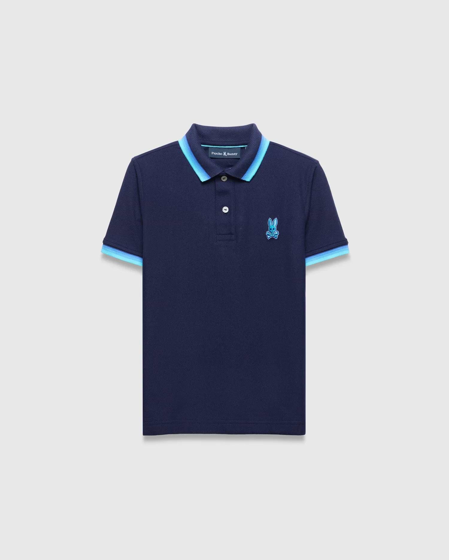 Kids Holden Pique Polo, navy classic fit pique knit with light blue and medium blue striped collar and cuffs, featuring an embroidered Psycho Bunny skull logo on the left chest.