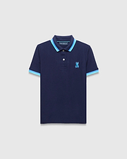 Kids Holden Pique Polo, navy classic fit pique knit with light blue and medium blue striped collar and cuffs, featuring an embroidered Psycho Bunny skull logo on the left chest.