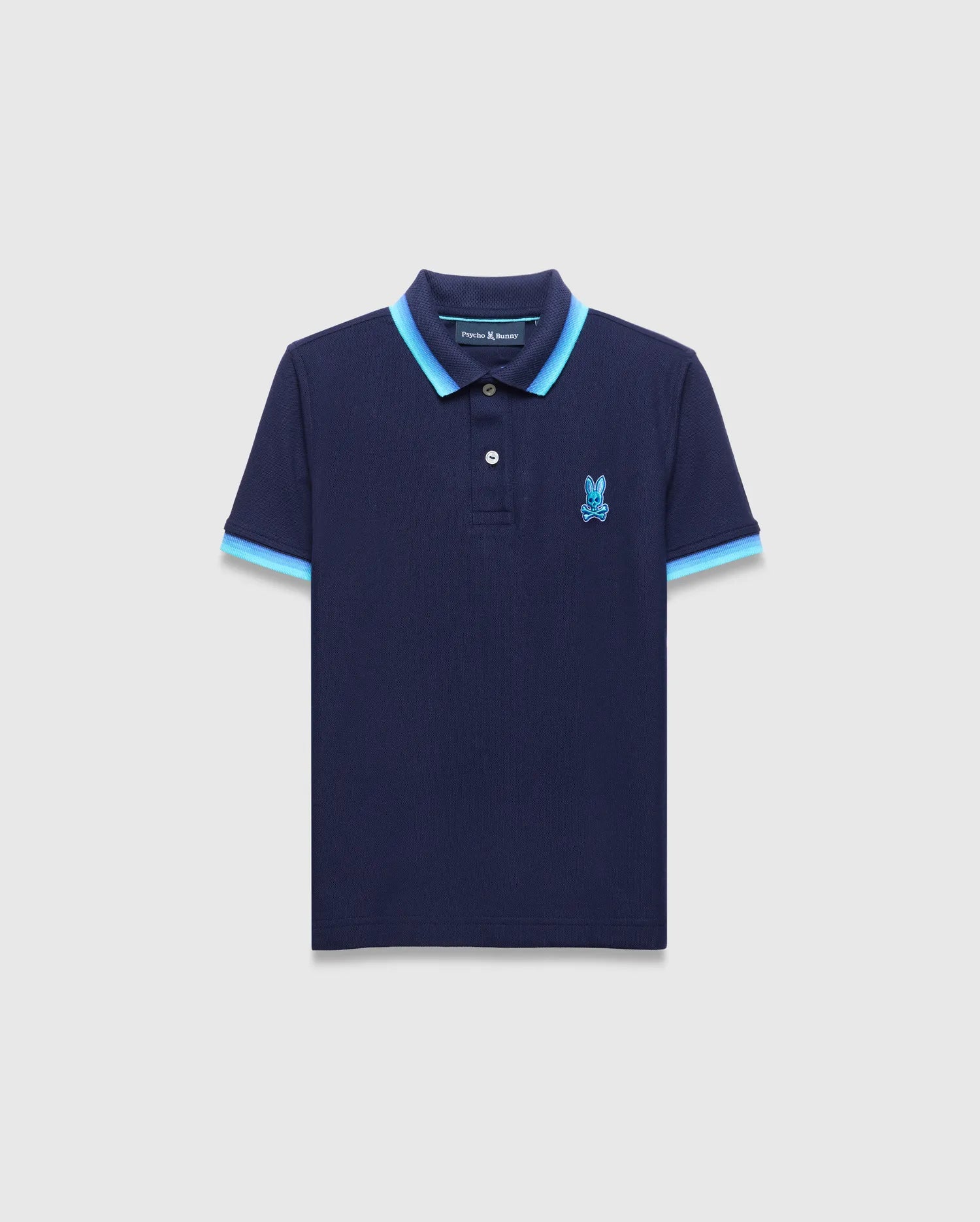 Kids Holden Pique Polo, navy classic fit pique knit with light blue and medium blue striped collar and cuffs, featuring an embroidered Psycho Bunny skull logo on the left chest.