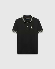 Kids Brad Pique Polo, black classic fit pique knit with gold-tan and white striped collar and cuffs, featuring a small embroidered gold Psycho Bunny skull logo on the left chest. (5)
