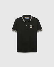 Kids Brad Pique Polo, black classic fit pique knit with gold-tan and white striped collar and cuffs, featuring a small embroidered gold Psycho Bunny skull logo on the left chest. (5)