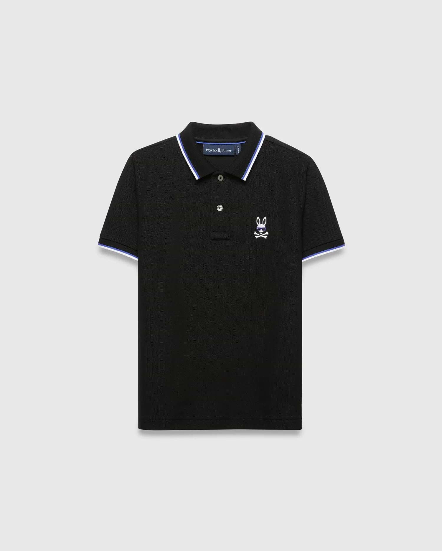 Kids Sunny Pique Polo, black classic fit pique polo with white and blue striped collar and cuffs, featuring a small white embroidered Psycho Bunny skull logo on the left chest.