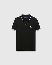 Kids Sunny Pique Polo, black classic fit pique polo with white and blue striped collar and cuffs, featuring a small white embroidered Psycho Bunny skull logo on the left chest.