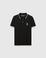 Kids Sunny Pique Polo, black classic fit pique polo with white and blue striped collar and cuffs, featuring a small white embroidered Psycho Bunny skull logo on the left chest.