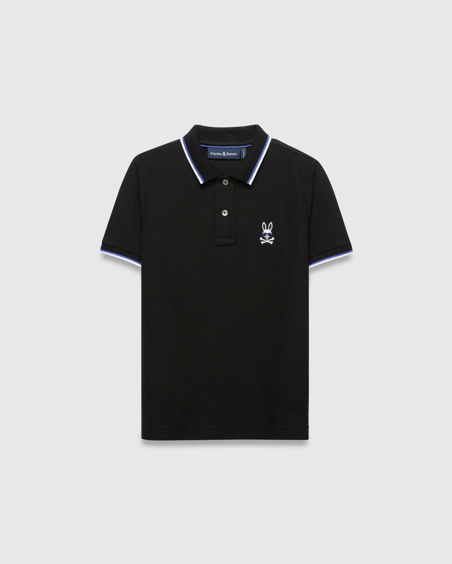 Kids Sunny Pique Polo, black classic fit pique polo with white and blue striped collar and cuffs, featuring a small white embroidered Psycho Bunny skull logo on the left chest.