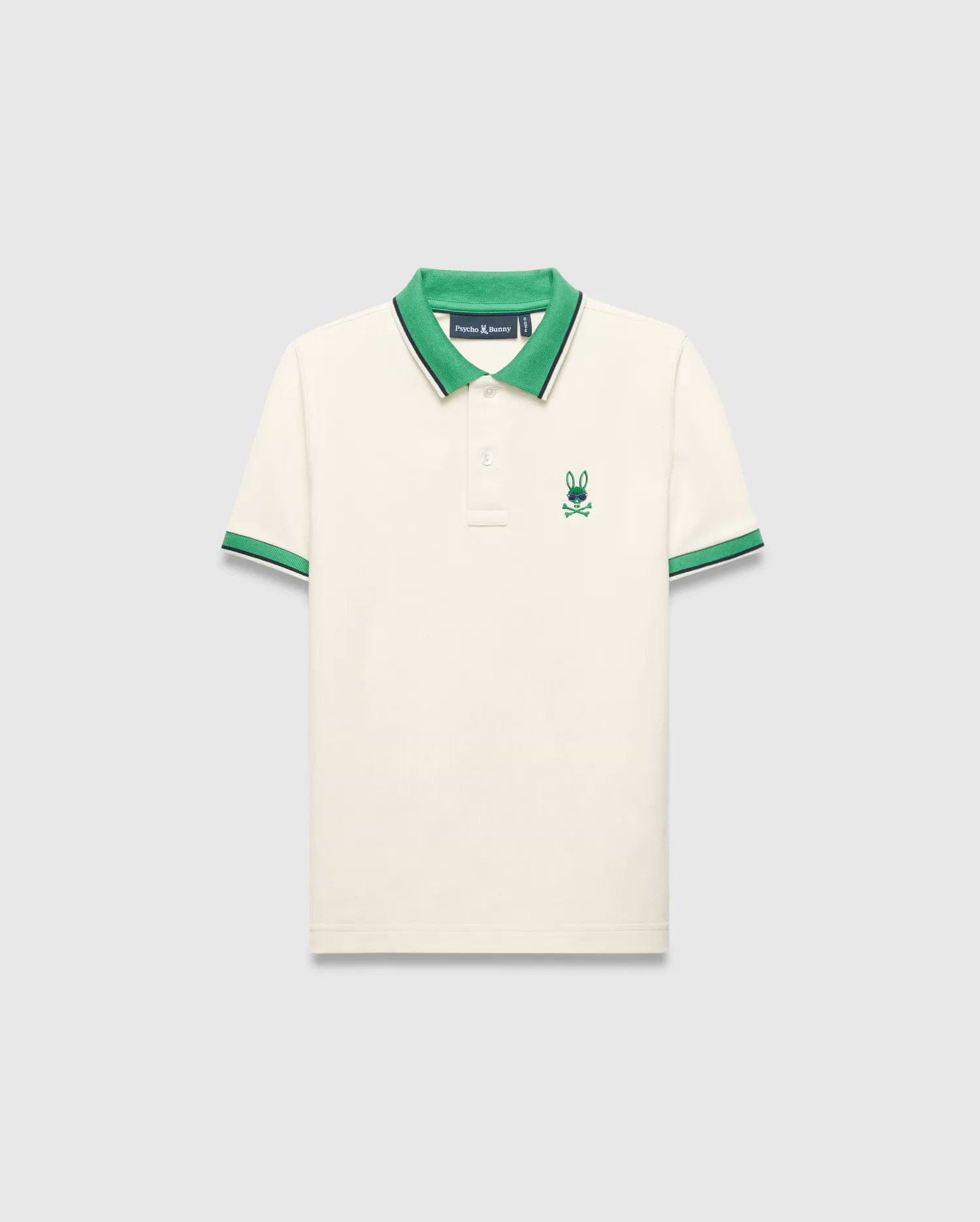 Kids Sunny Pique Polo in cream pique, classic fit, with a vibrant green collar, green and navy striped cuffs, and an embroidered green and blue Psycho Bunny skull logo on the left chest.