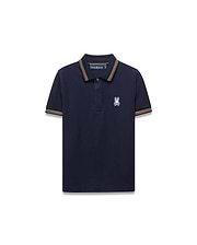 Kids Jaydon Pique Polo in navy, featuring a classic fit and pique texture. It has orange, brown, and white striped collar and cuffs, with a small embroidered Psycho Bunny skull logo on the left chest.