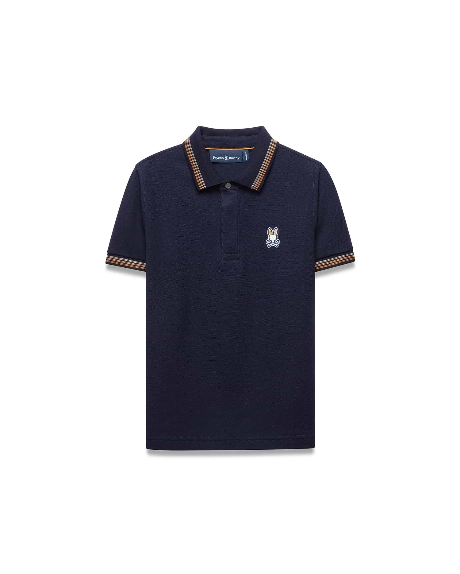 Kids Jaydon Pique Polo in navy, featuring a classic fit and pique texture. It has orange, brown, and white striped collar and cuffs, with a small embroidered Psycho Bunny skull logo on the left chest.