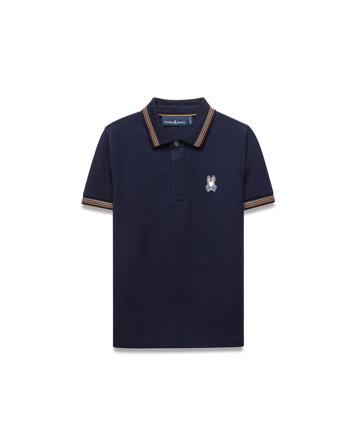 Kids Jaydon Pique Polo in navy, featuring a classic fit and pique texture. It has orange, brown, and white striped collar and cuffs, with a small embroidered Psycho Bunny skull logo on the left chest.