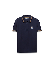 Kids Jaydon Pique Polo in navy, featuring a classic fit and pique texture. It has orange, brown, and white striped collar and cuffs, with a small embroidered Psycho Bunny skull logo on the left chest.