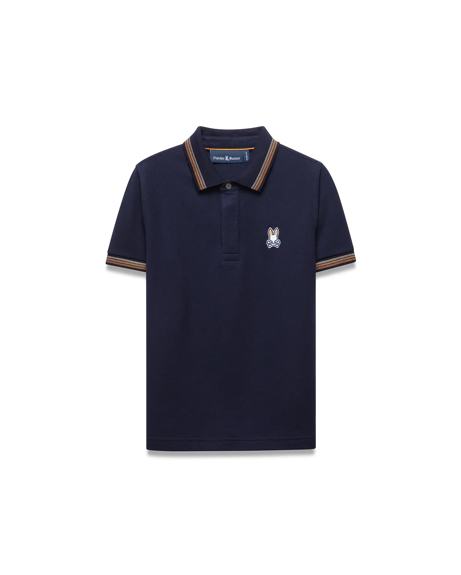 Kids Jaydon Pique Polo in navy, featuring a classic fit and pique texture. It has orange, brown, and white striped collar and cuffs, with a small embroidered Psycho Bunny skull logo on the left chest.