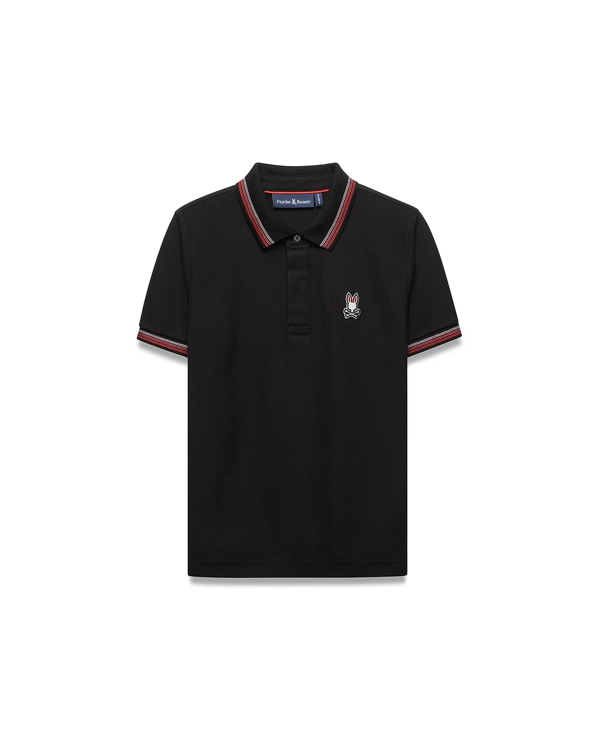 Kids Jaydon Pique Polo, black classic fit pique polo with red and white striped collar and cuffs, featuring a small embroidered Psycho Bunny skull logo on the left chest.