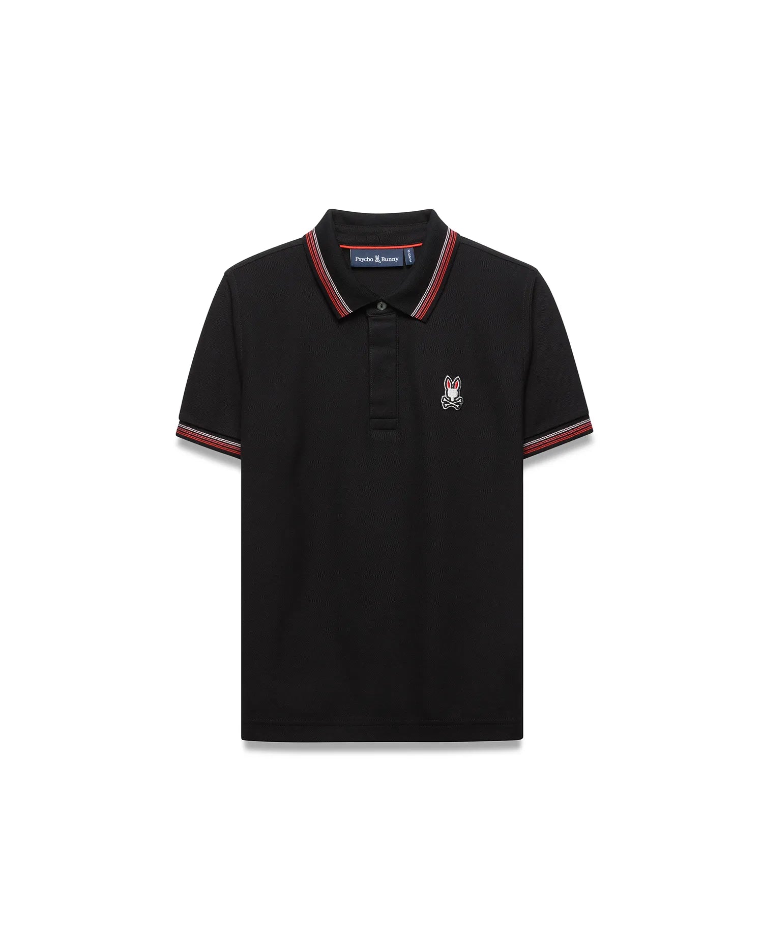 Kids Jaydon Pique Polo, black classic fit pique polo with red and white striped collar and cuffs, featuring a small embroidered Psycho Bunny skull logo on the left chest.
