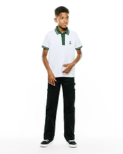 Kids Jaydon Pique Polo, white classic fit pique polo with dark green tipped collar, two-button placket, and cuffs with white stripes, featuring a small embroidered Psycho Bunny skull logo on the left chest.