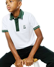 Kids Jaydon Pique Polo, white with a classic fit, dark green ribbed collar, placket, and striped cuffs, featuring a small embroidered dark green bunny skull logo on the left chest.