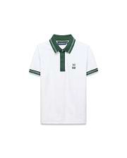 Kids Jaydon Pique Polo, white classic fit with a green collar, placket, and green striped cuffs. Features an embroidered green Psycho Bunny skull logo on the left chest.