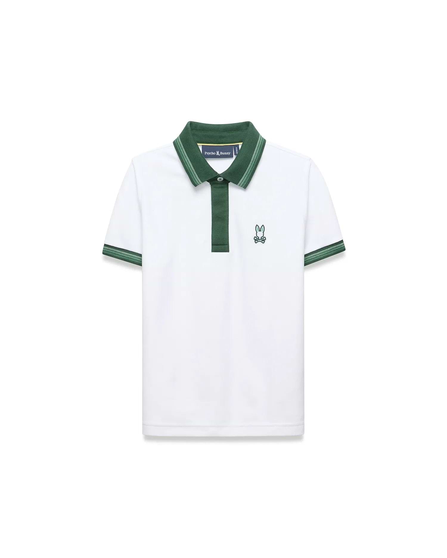 Kids Jaydon Pique Polo, white classic fit with a green collar, placket, and green striped cuffs. Features an embroidered green Psycho Bunny skull logo on the left chest.