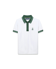 Kids Jaydon Pique Polo, white classic fit with a green collar, placket, and green striped cuffs. Features an embroidered green Psycho Bunny skull logo on the left chest.