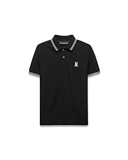 Kids Stan Pique Polo. Black classic fit pique polo with white double-striped collar and cuffs, red neck tape, and small white embroidered Psycho Bunny skull logo on left chest.