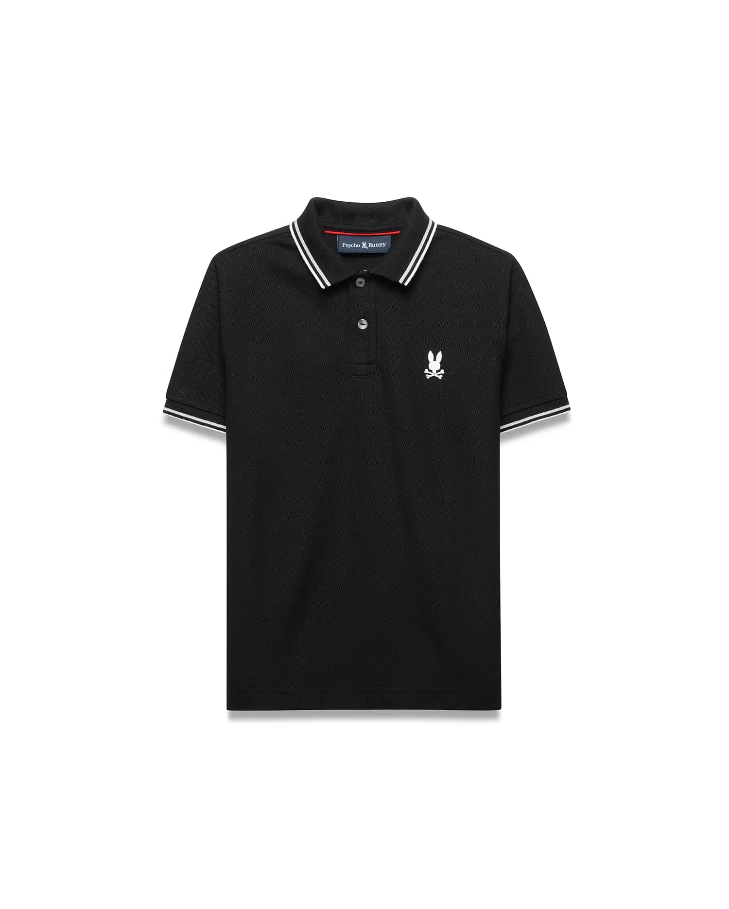 Kids Stan Pique Polo. Black classic fit pique polo with white double-striped collar and cuffs, red neck tape, and small white embroidered Psycho Bunny skull logo on left chest.